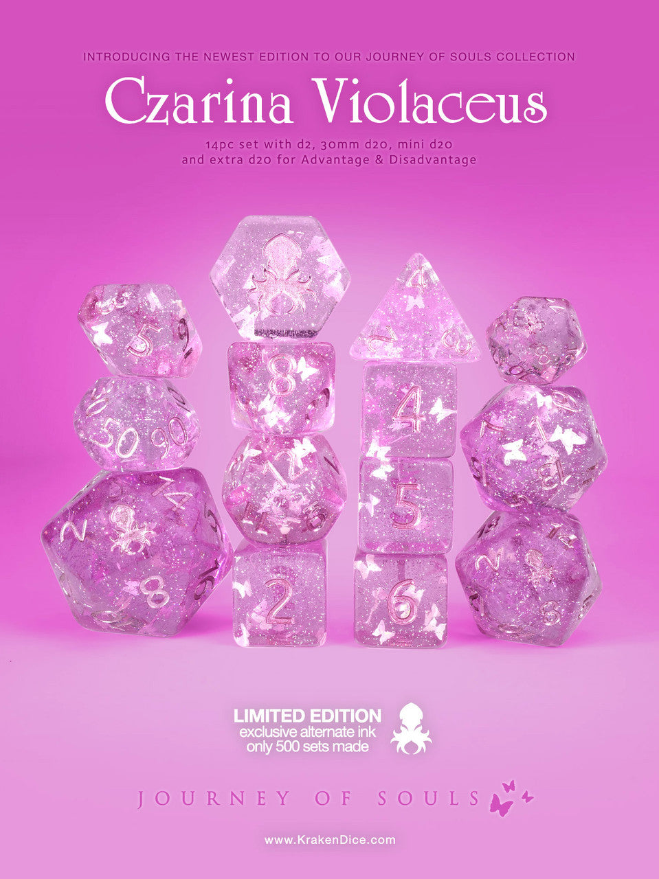 Czarina Violaceus 14pc Dice Set Inked in Metallic Pink